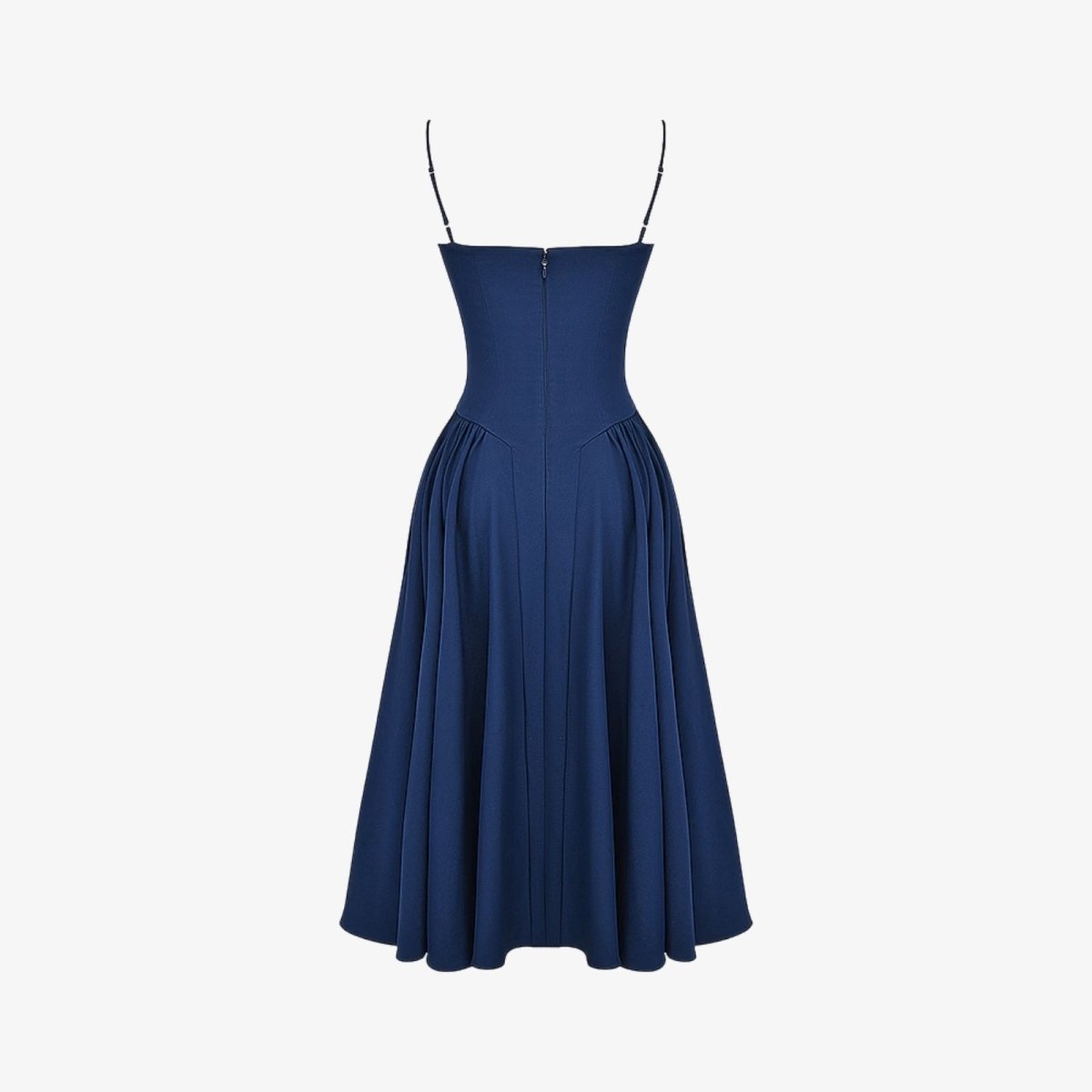 Product-only image of the back of the Kouvr Evdokia midi dress, detailing the pleated construction of the skirt and the back of the bodice.