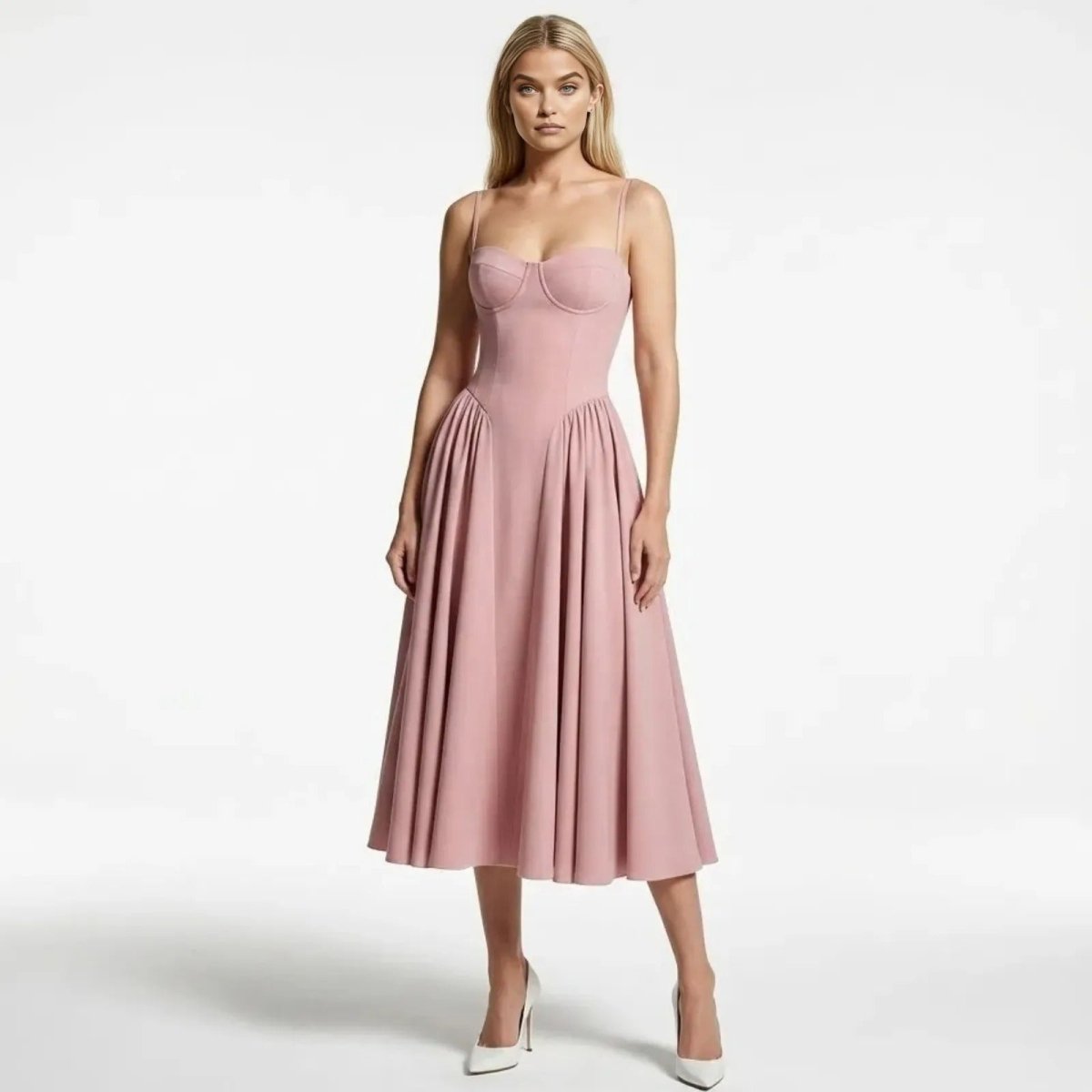 Model wearing the Kouvr Evdokia pink bustier midi dress with a structured corset bodice and full A-line pleated skirt, front view.