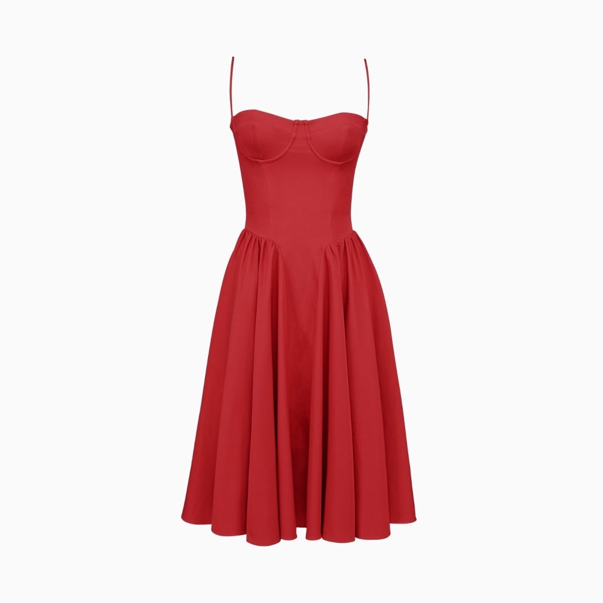 Studio product shot of the Kouvr Evdokia red bustier midi dress against a white background, highlighting the structured bodice and fabric texture.