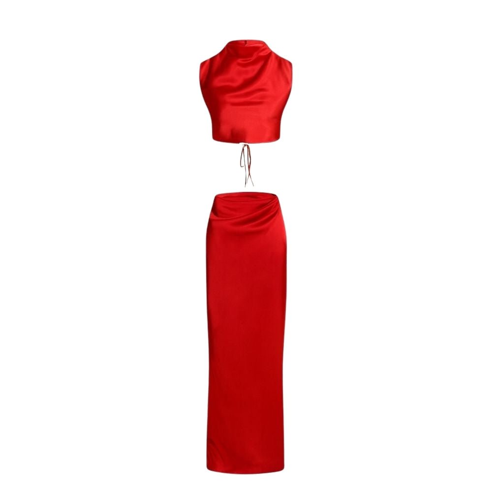 Red Kouvr satin crop top and long skirt set on a white background