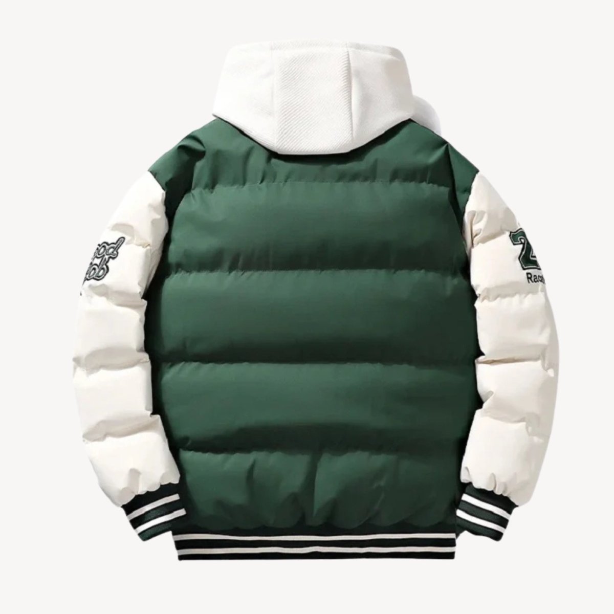 Flat lay back view of the Kouvr Angelo collegiate jacket, detailing the quilted puffer design and athletic patches on the insulated sleeves.