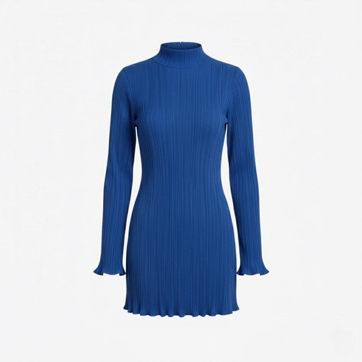 Front view of the Kouvr Fashion Agathe royal blue long sleeve ribbed dress on a white background, showing texture and shape.