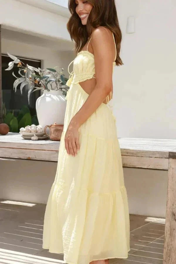 resort wear," "flowy silhouette," "feminine style," "golden hour outfit," "beach wedding guest attire," "lightweight cotton sundress