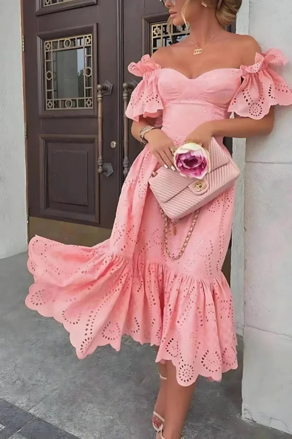 Kouvr Fashion Pink Annie Off-Shoulder Midi Dress with Ruffle Sleeves