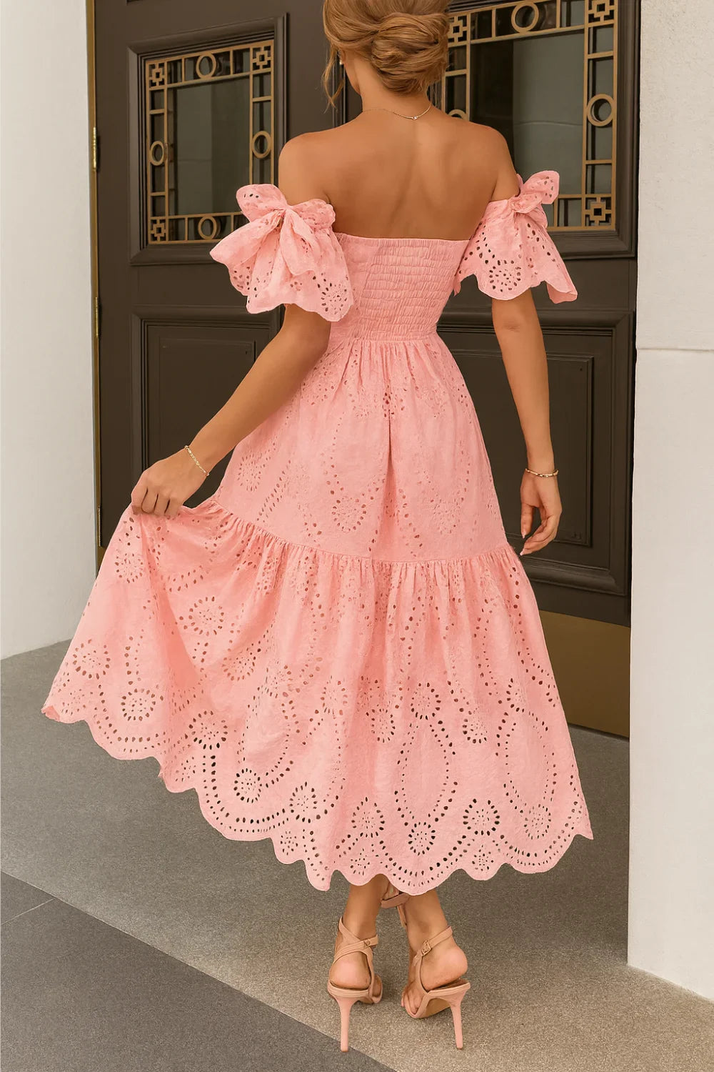Kouvr Fashion Pink Annie Off-Shoulder Midi Dress with Ruffle Sleeves