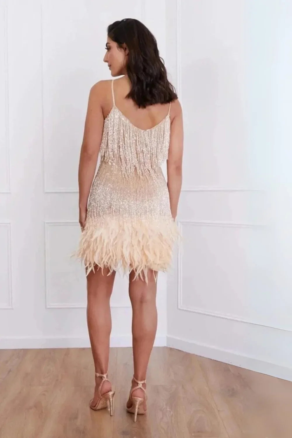 kouvr-fashion-apricot-feather-sequin-dress-front