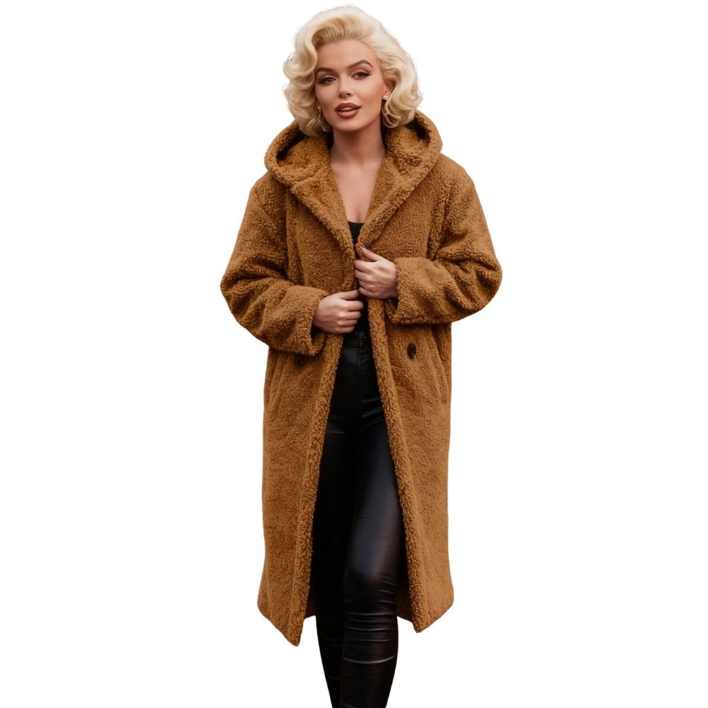 plush silhouette," "statement outerwear," "winter wardrobe essential," and "cocoon coat