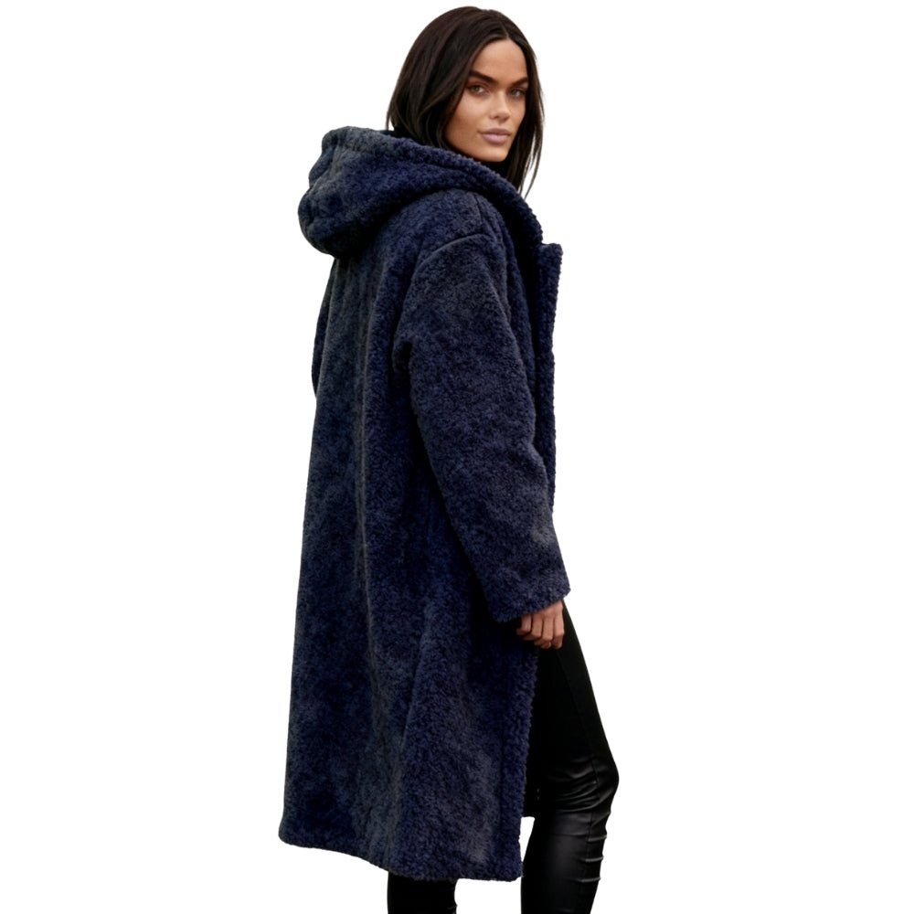 plush fleece jacket", "cozy outerwear", "faux fur long coat", "luxury winterwear", "designer teddy coat", "warm longline jacket