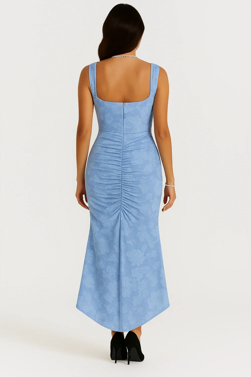 Kouvr Fashion Arabella blue floral jacquard corset midi dress on model