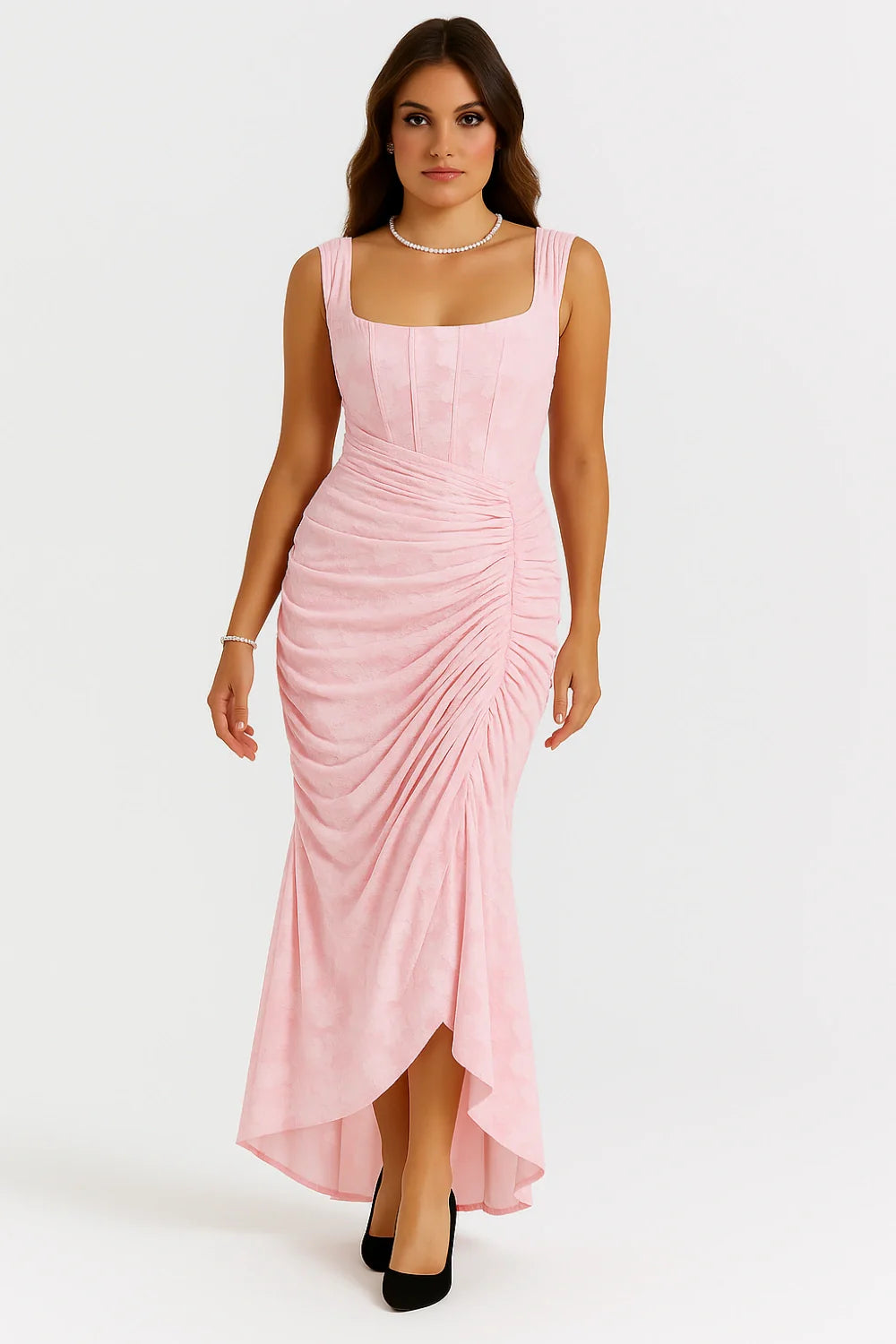 Model wearing Kouvr Arabella light pink corset midi dress with square neckline