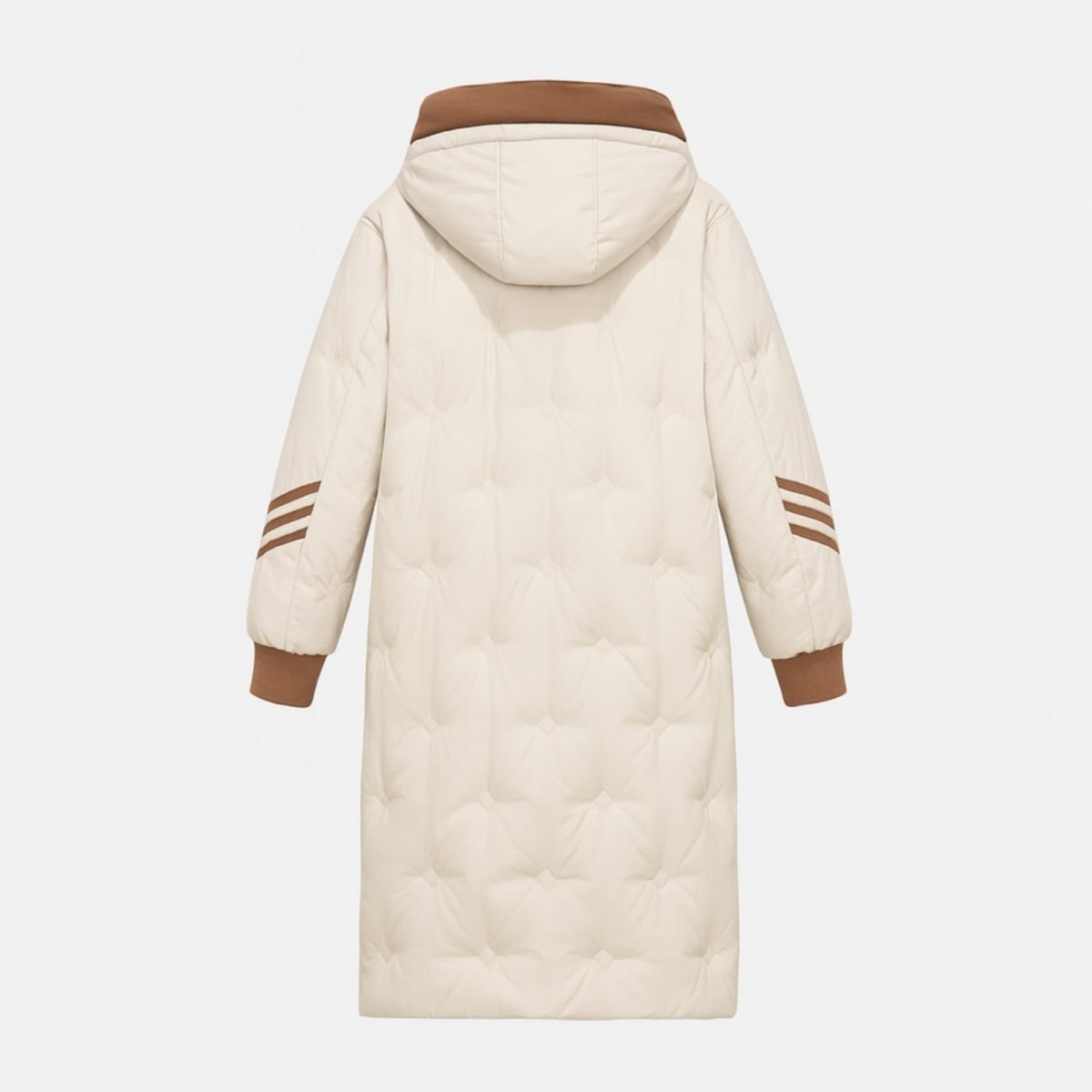Top-down flat lay of the back of the Kouvr Fashion Arianne long puffer coat, detailing the brown rib-knit cuffs and sleeve stripes.