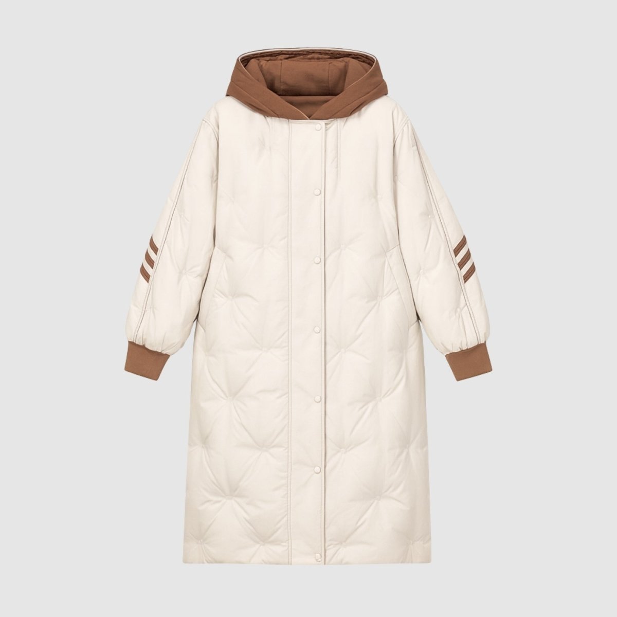 Flat lay product shot of the Kouvr Fashion Arianne women's long down coat, showing the front snap button closure and diamond quilting pattern. 