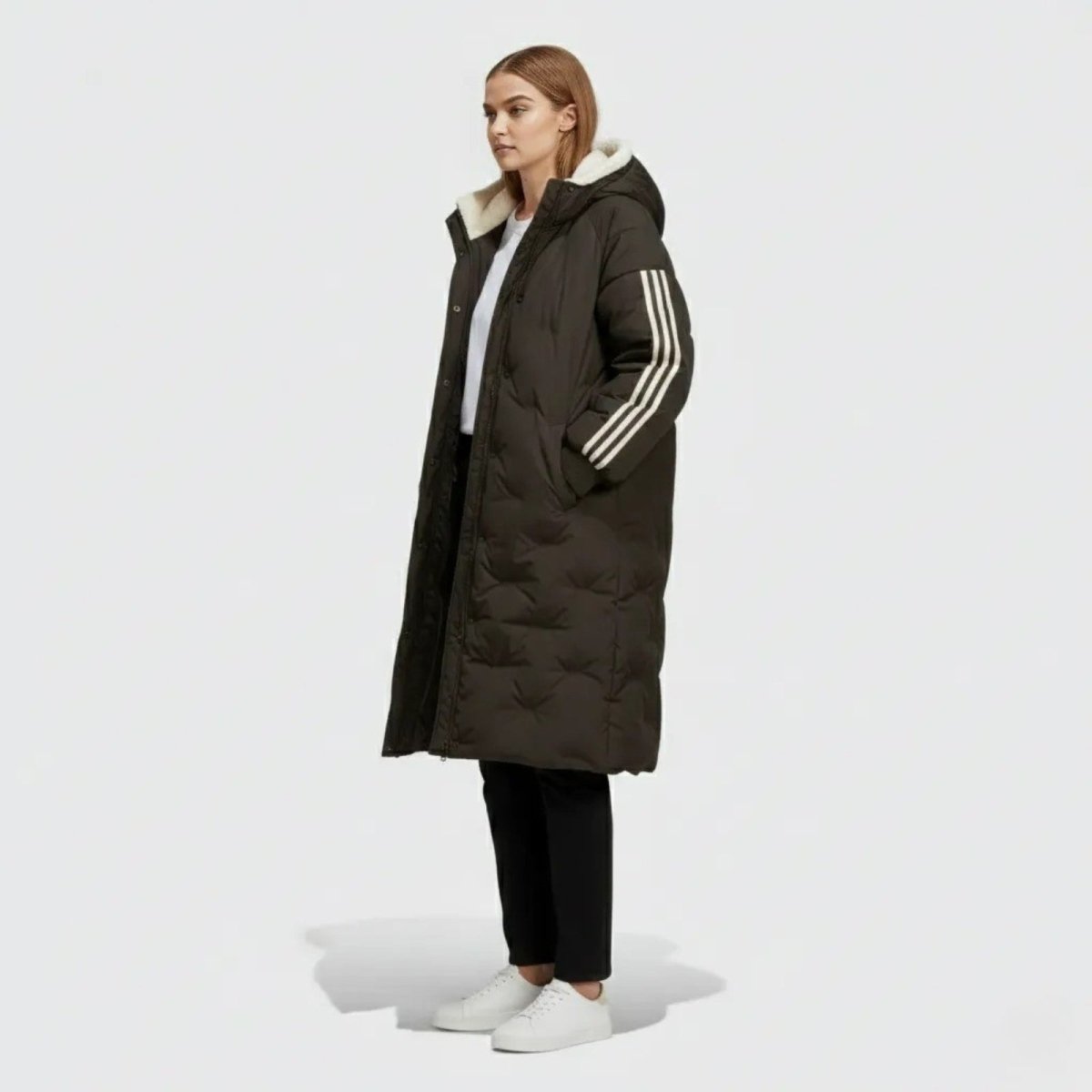 Side view of a model in the Kouvr Arianne maxi puffer coat in black, showcasing its length and the signature three-stripe detail on the arm.