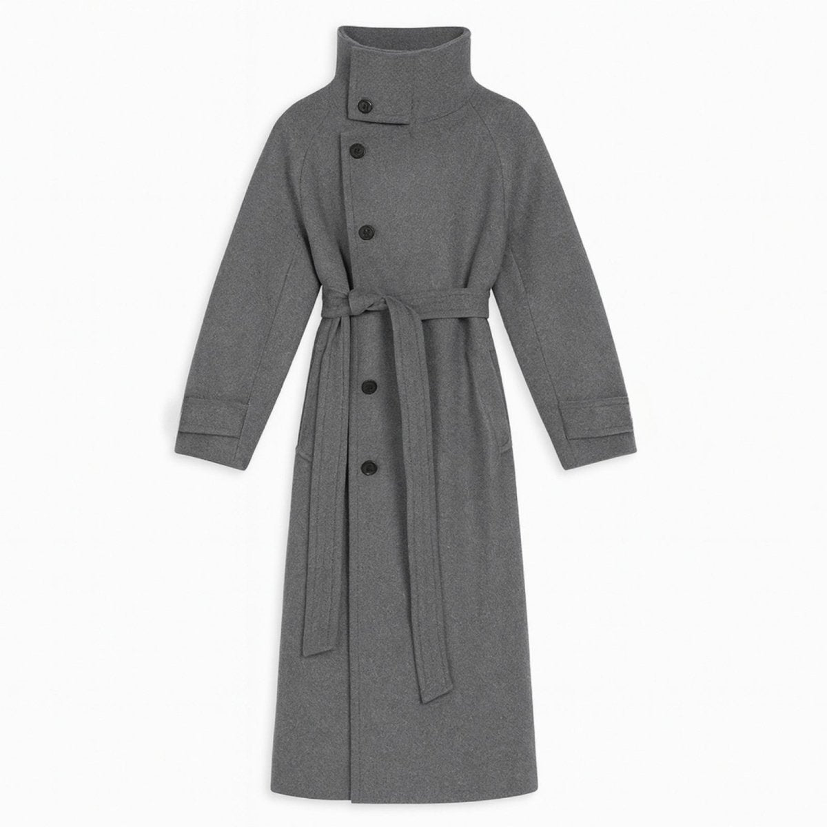 Flat lay of the grey funnel neck wool coat, unbelted, displaying the rich texture of the Italian wool and the placement of the horn buttons.
