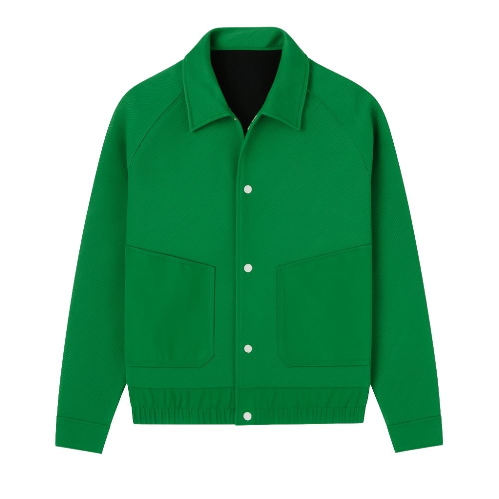 Green kouvr jacket with white buttons on a white background