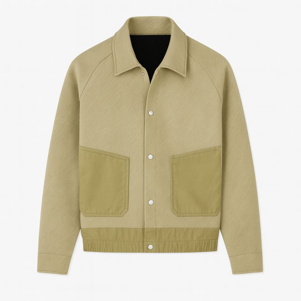 Khaki kouvr jacket with two front pockets on a light gray background
