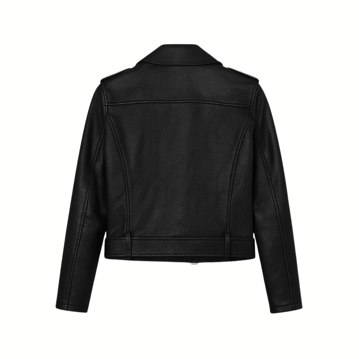 Product-only shot of the back of the Kouvr Fashion black faux leather moto jacket, detailing the yoke and panel construction.