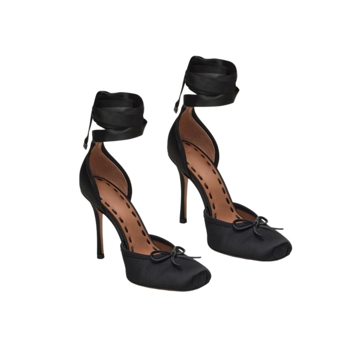 Black kouvr high-heeled shoes with bow details on a white background