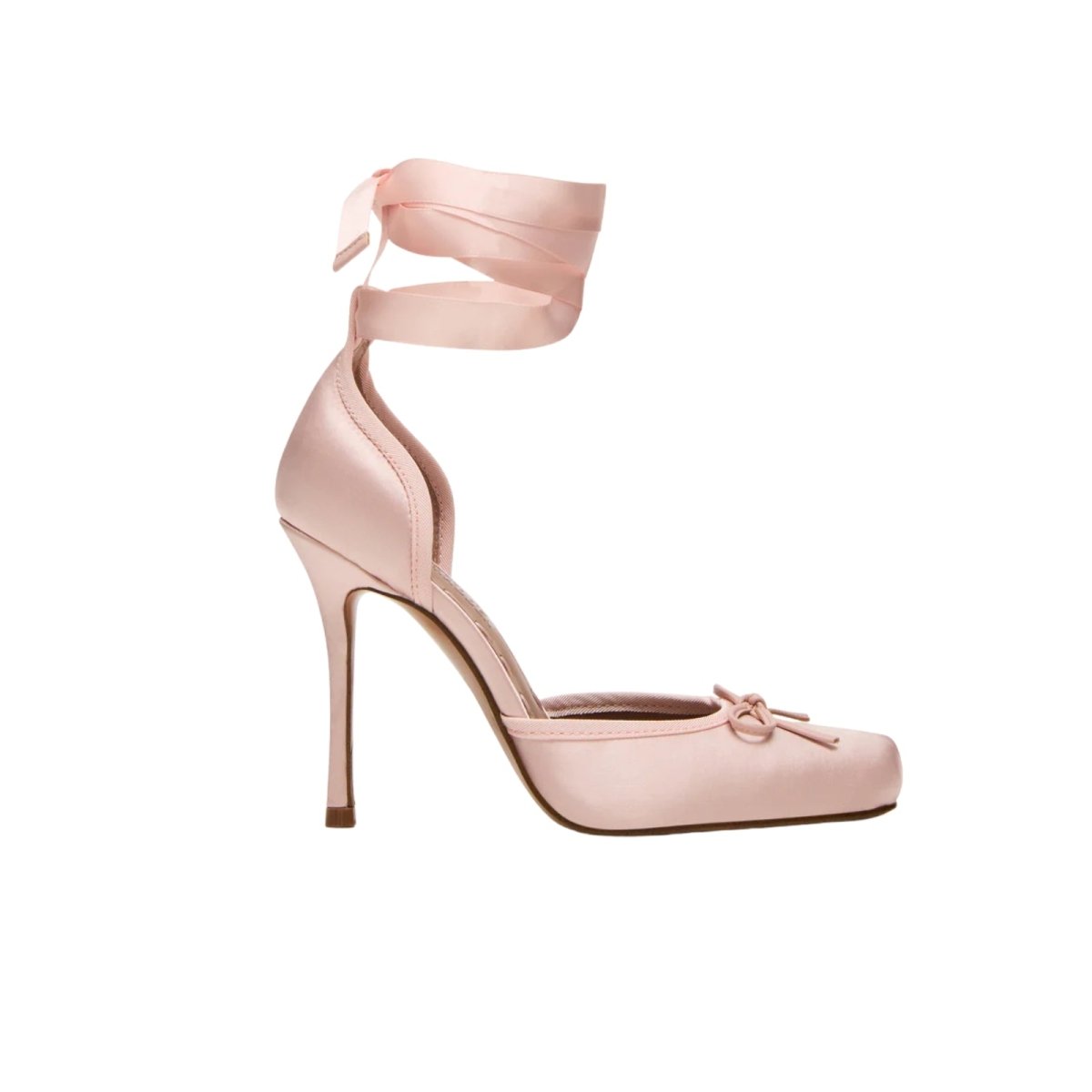 Pink kouvr high-heeled shoe with ribbon detail on a white background
