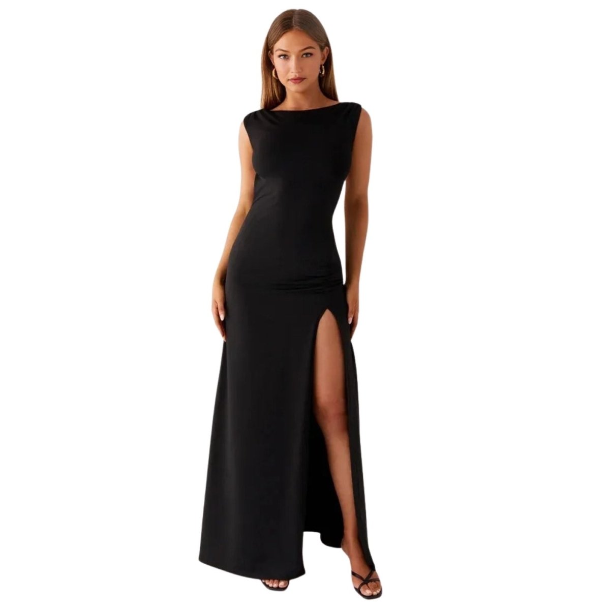 The Auralie Gown by Kouvr Fashion in black, a sleeveless bateau neck maxi dress with a high leg slit, shown from the front on a model.