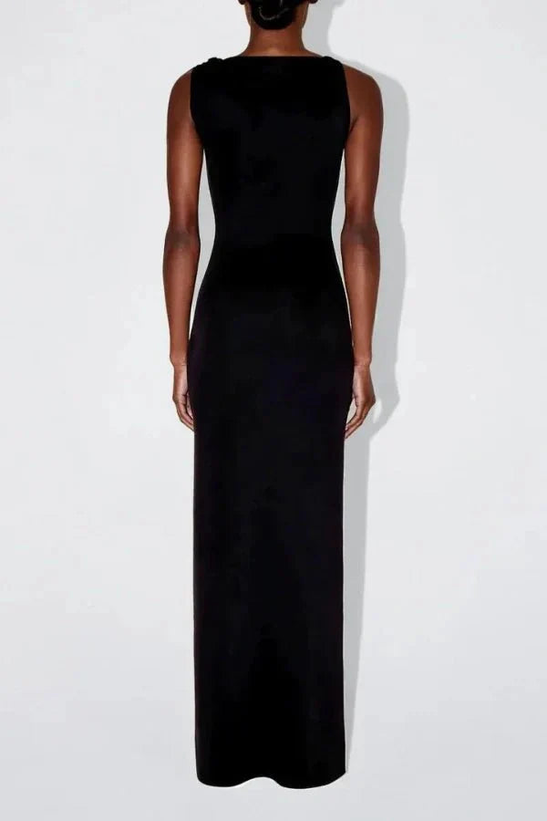 column silhouette," "draped shoulder," "floor-skimming hem," "minimalist aesthetic," "understated elegance