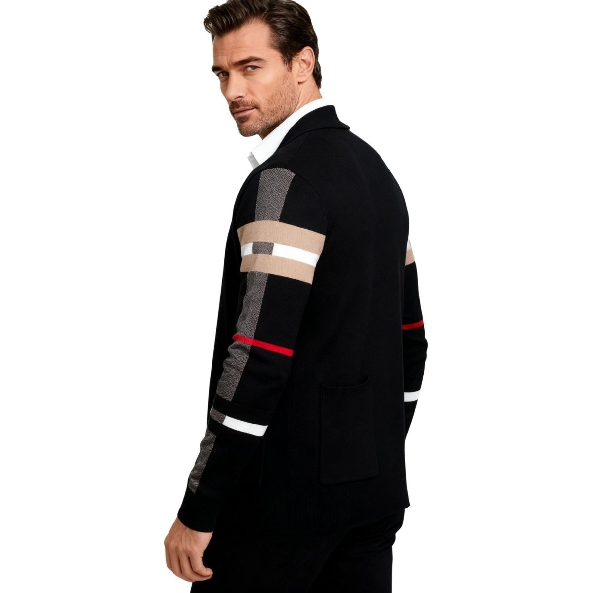 Man wearing a black jacket with reflective stripes on a white background