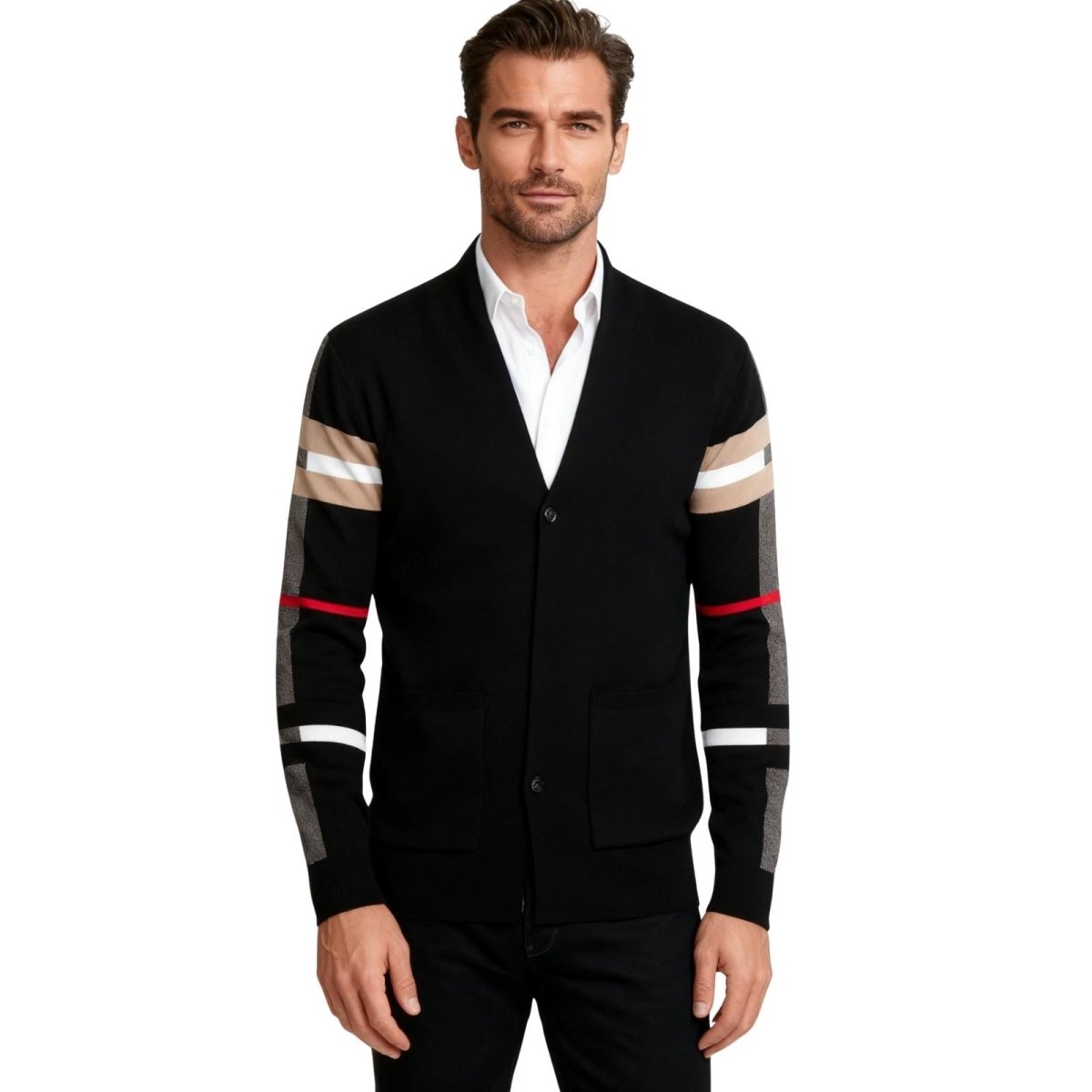 Man wearing a black cardigan with white and red stripes on sleeves against a white background