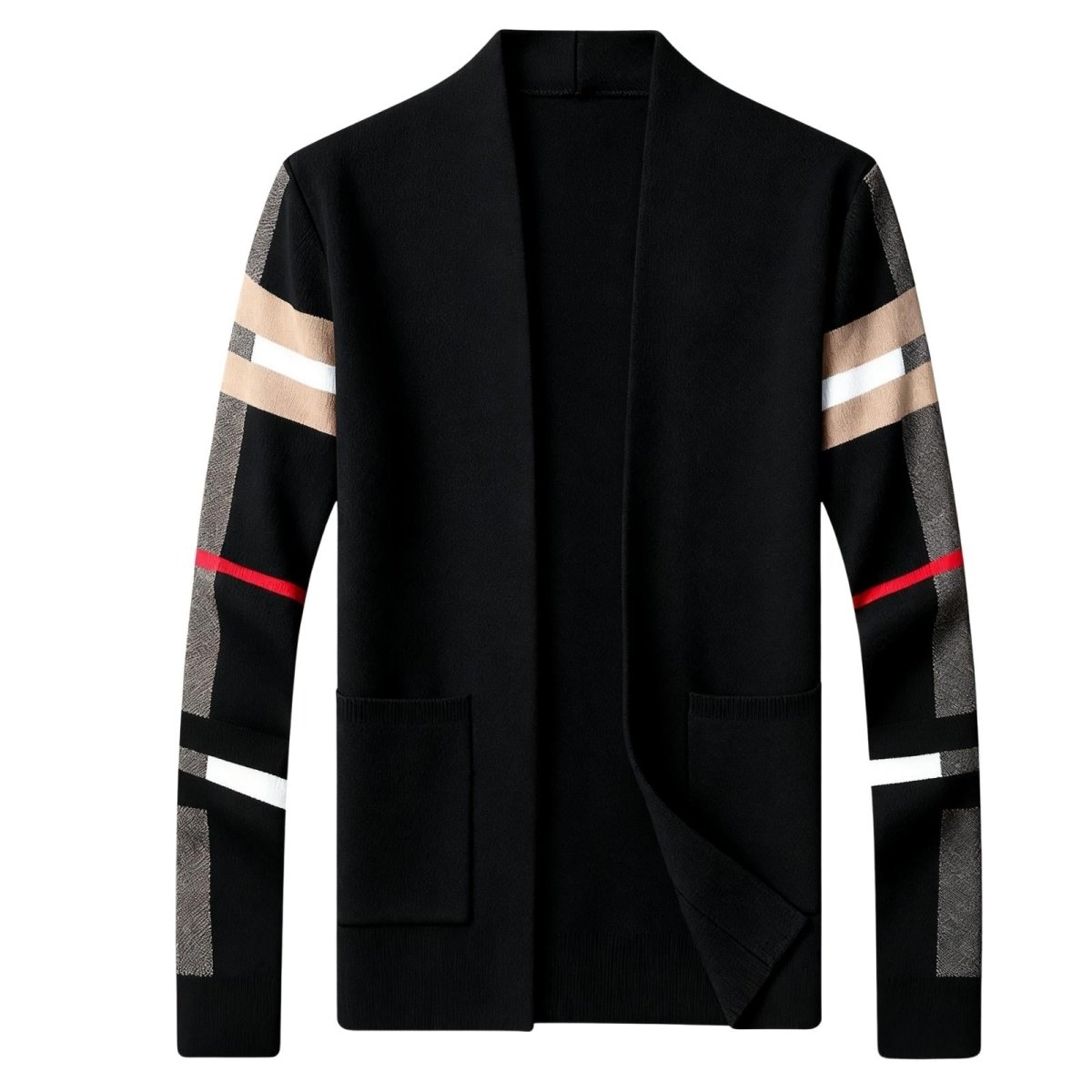 Black cardigan with colorful sleeves on a white background