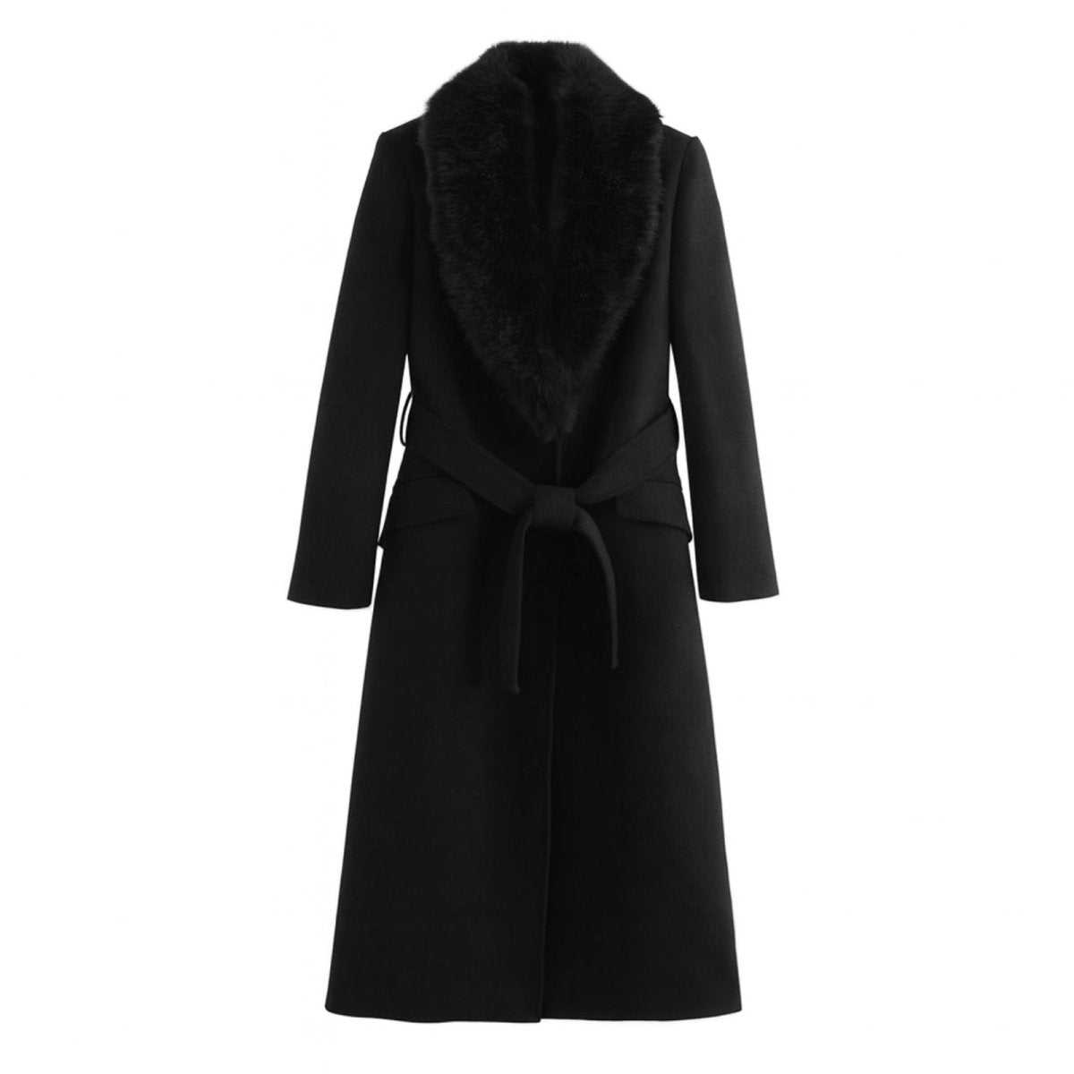 Flat lay image of the Kouvr Fashion black wool coat with the self-tie belt fastened and the plush faux fur collar displayed.
