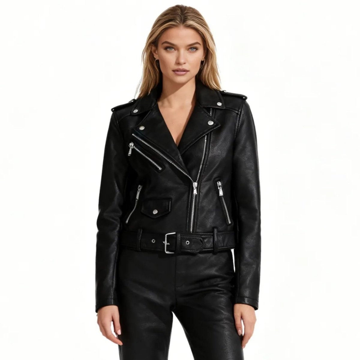 Woman with blonde hair wearing the Kouvr Fashion black faux leather moto jacket, facing forward with a white background.
