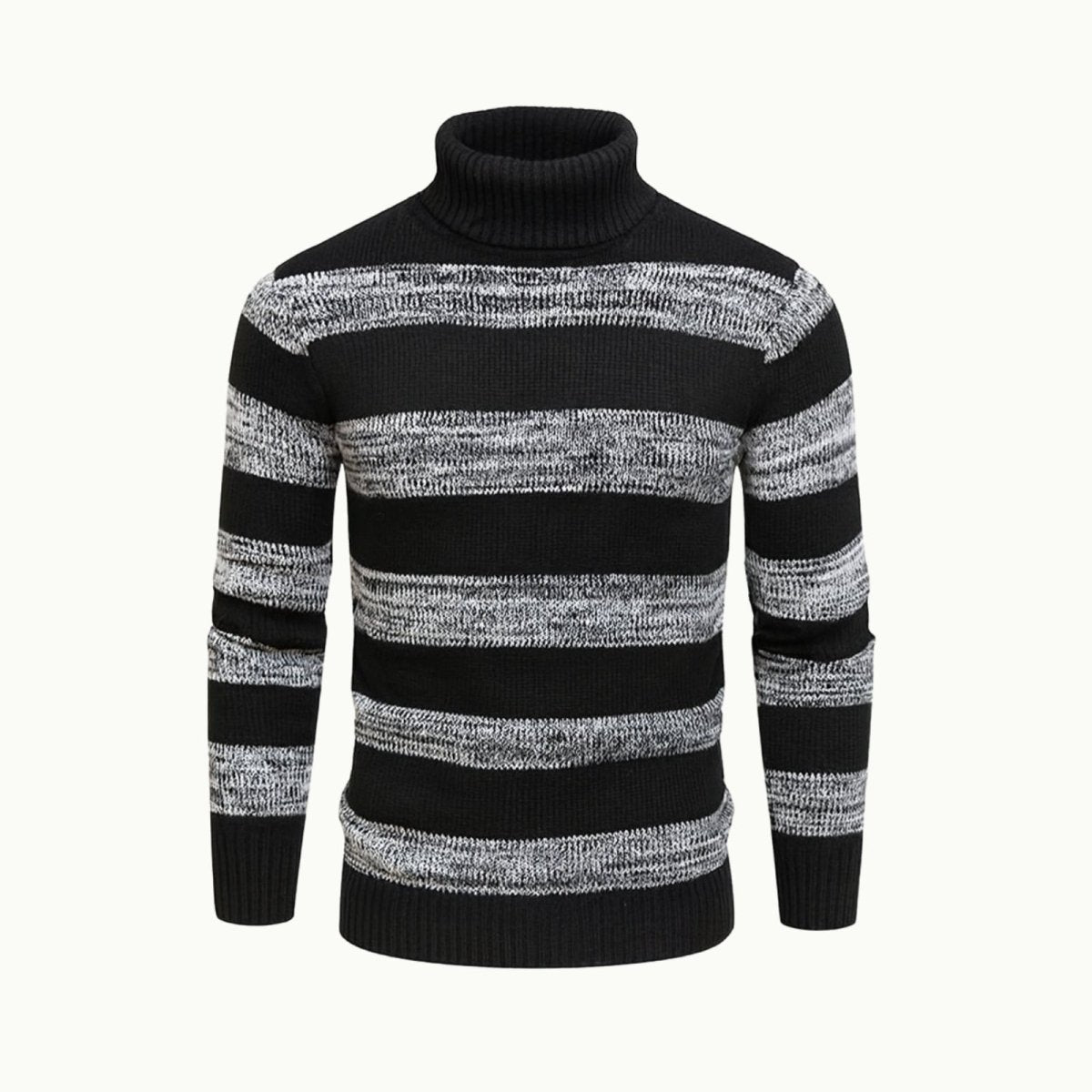 Product shot of the Kouvr Fashion men's striped turtleneck sweater in black and marled grey.