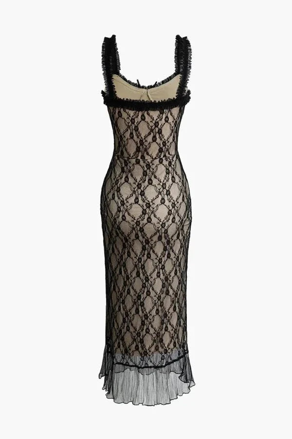 Model wearing the Kouvr Fashion Black Lace Midi Dress at an evening event