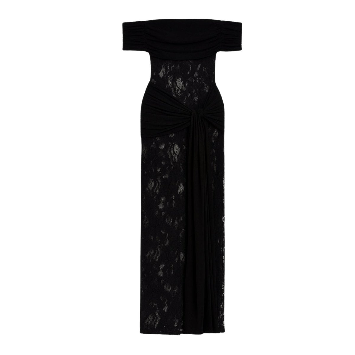 Black Kouvr lace strapless gown on a white background