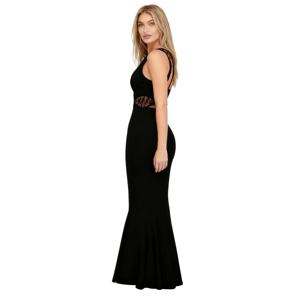Black Kouvr evening gown with cut-out design on a white background