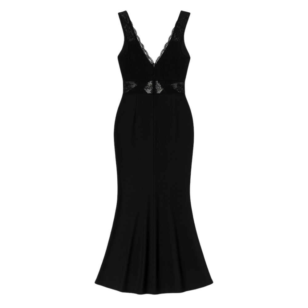 Black Kouvr evening gown with lace detailing on a white background