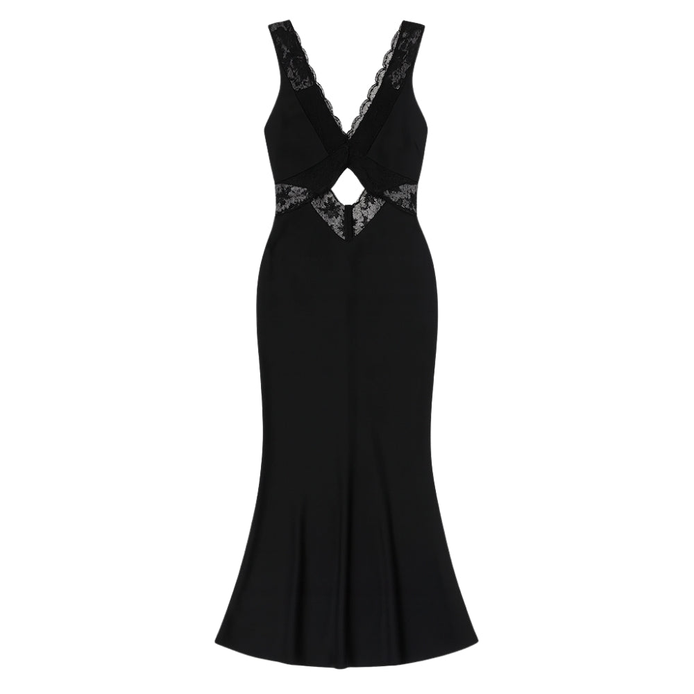 Black Kouvr evening gown with lace detailing on a white background