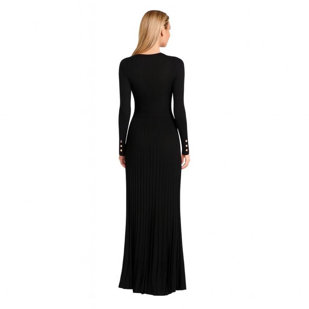 Kouvr Fashion Black Pleated Knit Long Sleeve Midi Dress