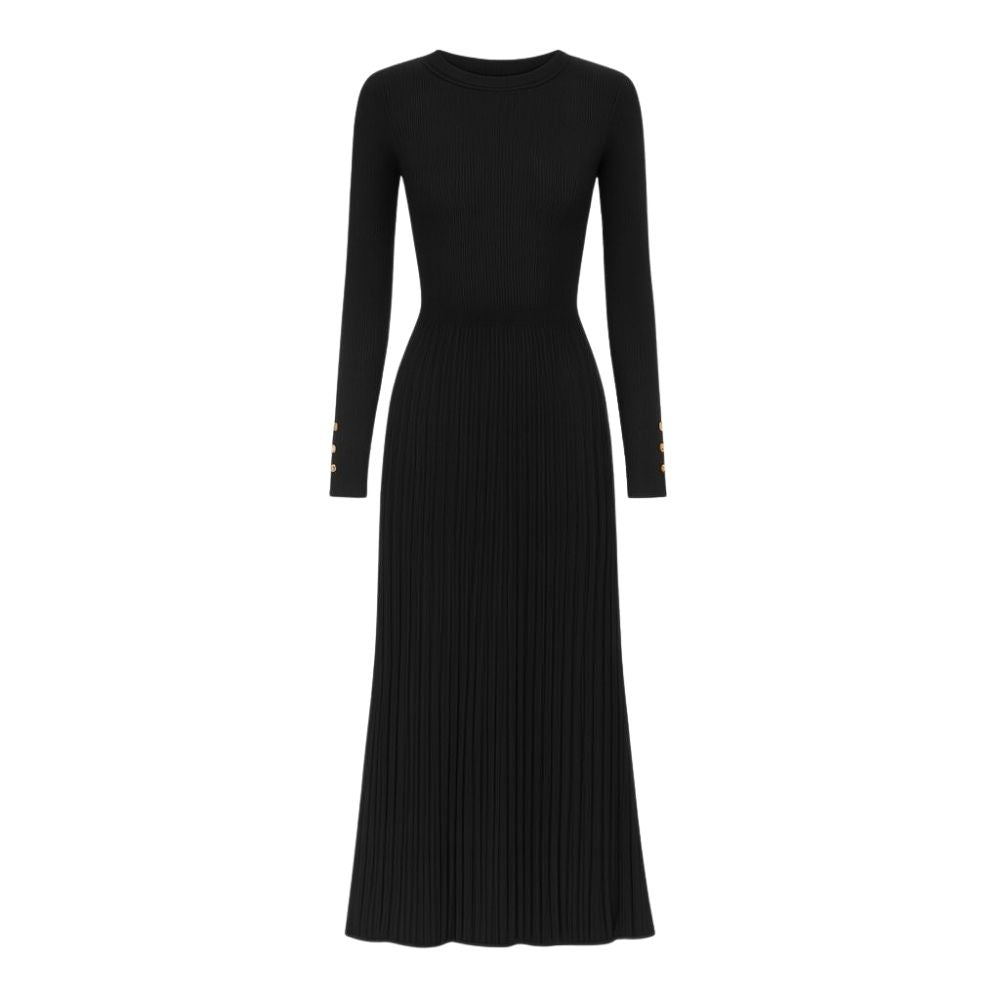 Kouvr Fashion Black Pleated Knit Long Sleeve Midi Dress