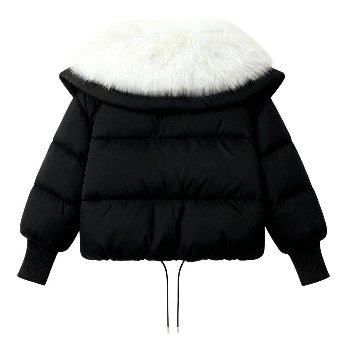 Black Kouvr puffer jacket with white fur hood on a white background