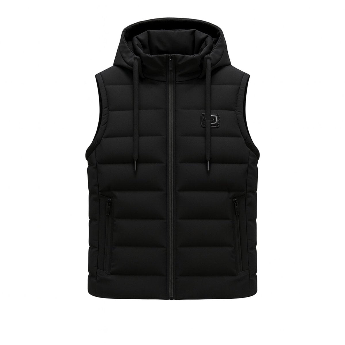 Front product shot of the Kouvr Fashion men's black hooded puffer vest zipped up on a white background.