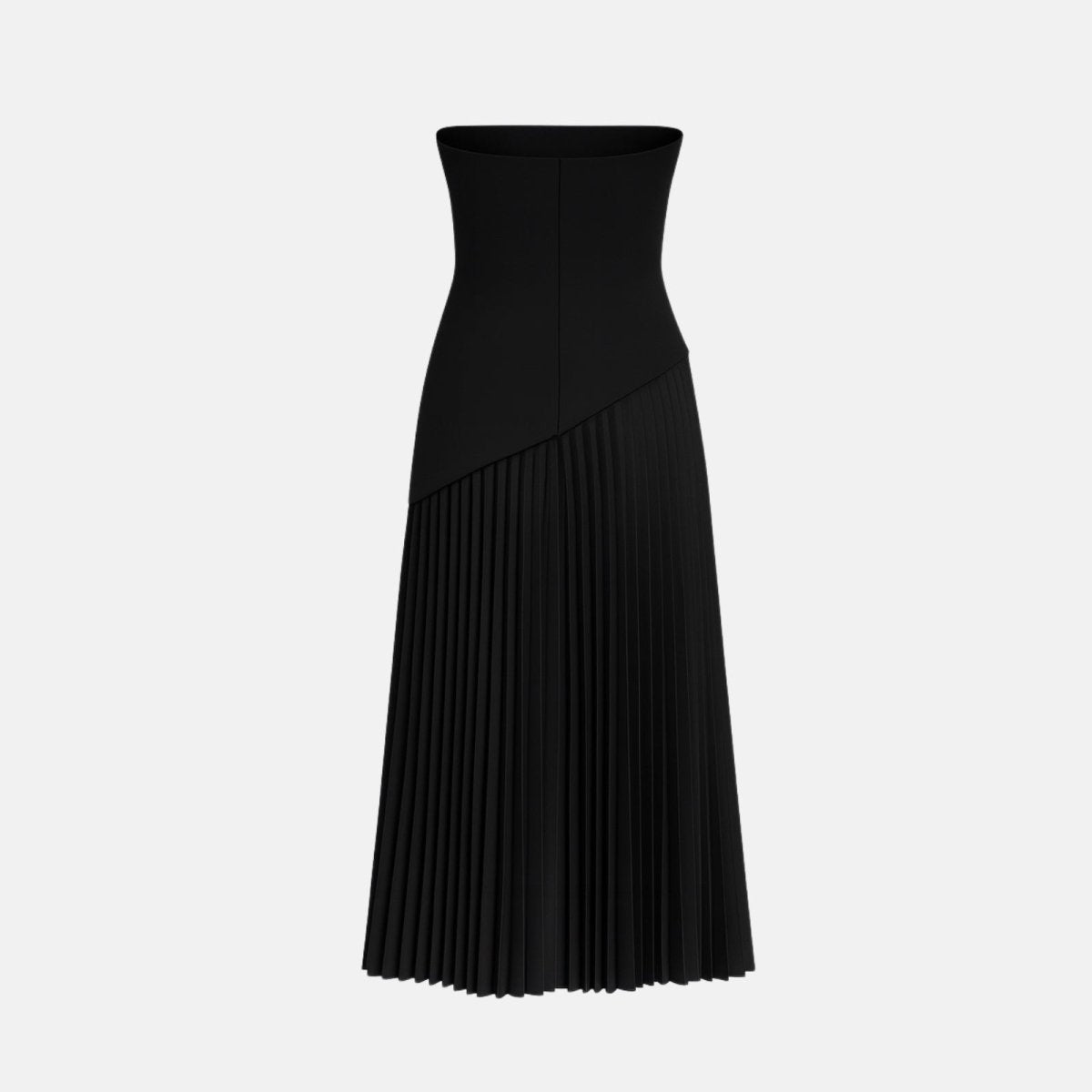 Black dress with pleated skirt on a light gray background