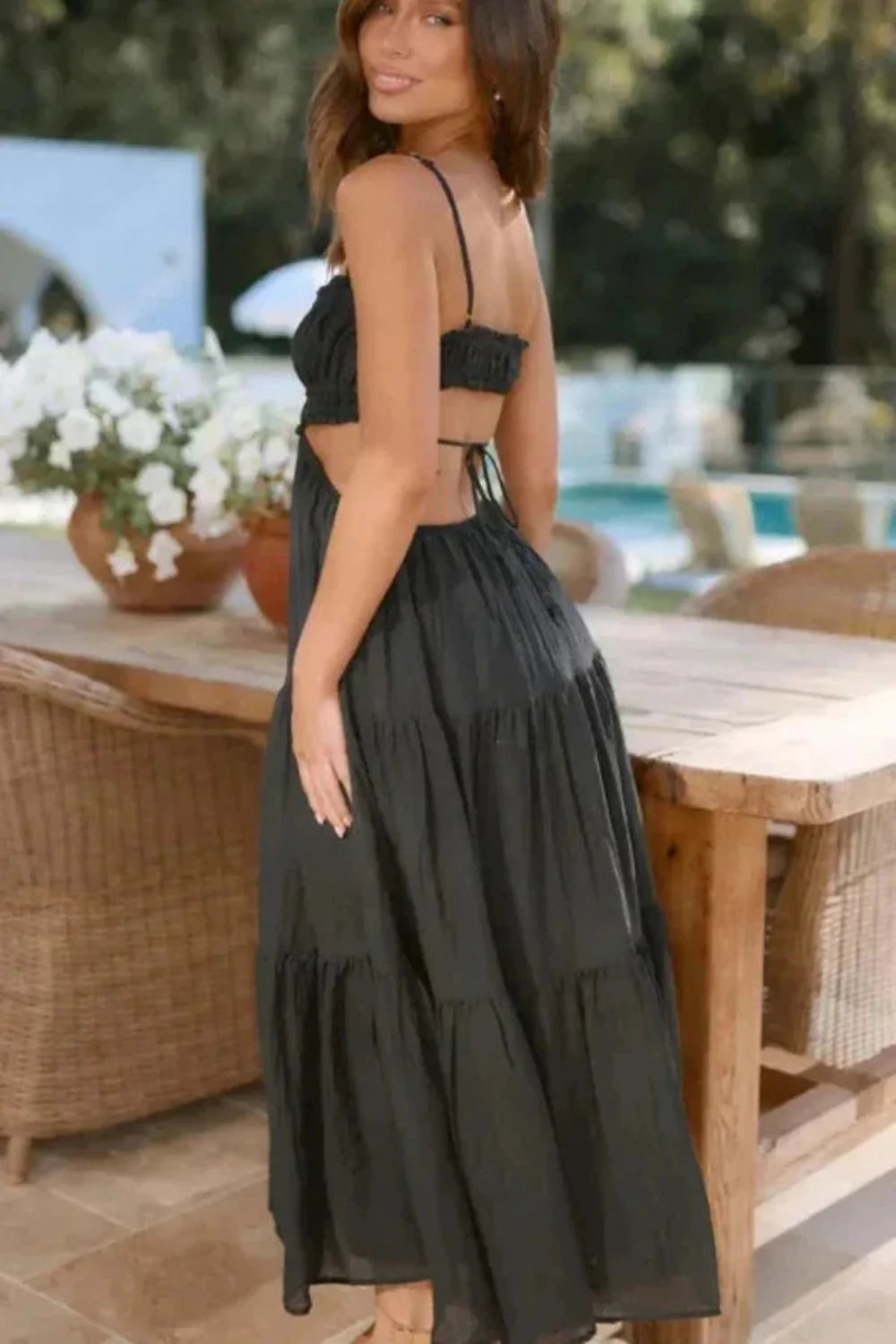 vacation dress, resort wear, open back dress, tie-front detail, spaghetti strap, lightweight cotton, a-line silhouette, beach wedding guest dress.
