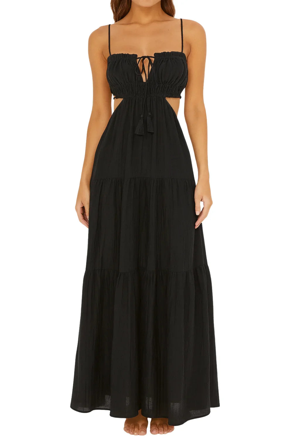 vacation dress, resort wear, open back dress, tie-front detail, spaghetti strap, lightweight cotton, a-line silhouette, beach wedding guest dress.
