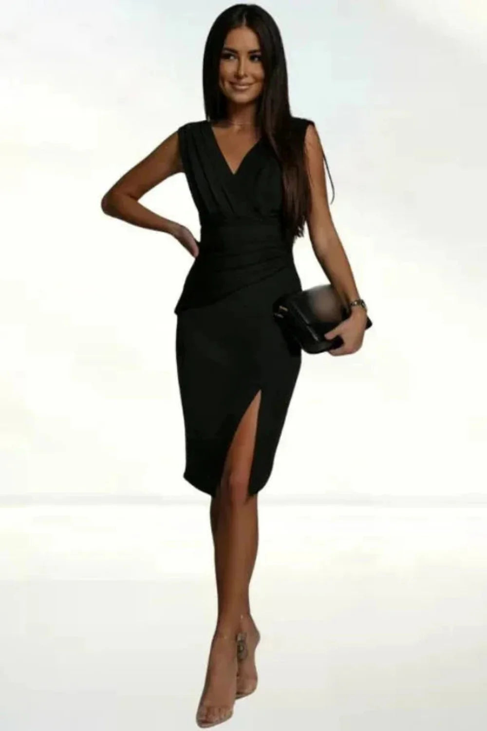 Model wearing Kouvr Fashion black sleeveless v-neck pencil midi dress with side slit