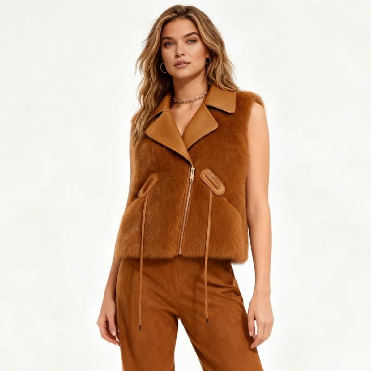 Woman wearing a brown Kouvr suede vest on a white background
