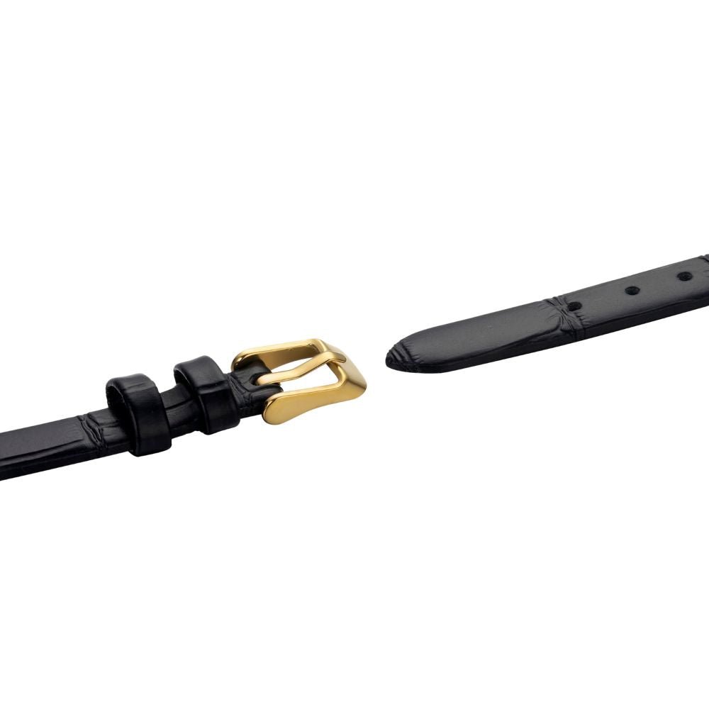 Black kouvr belt with gold buckle on a white background