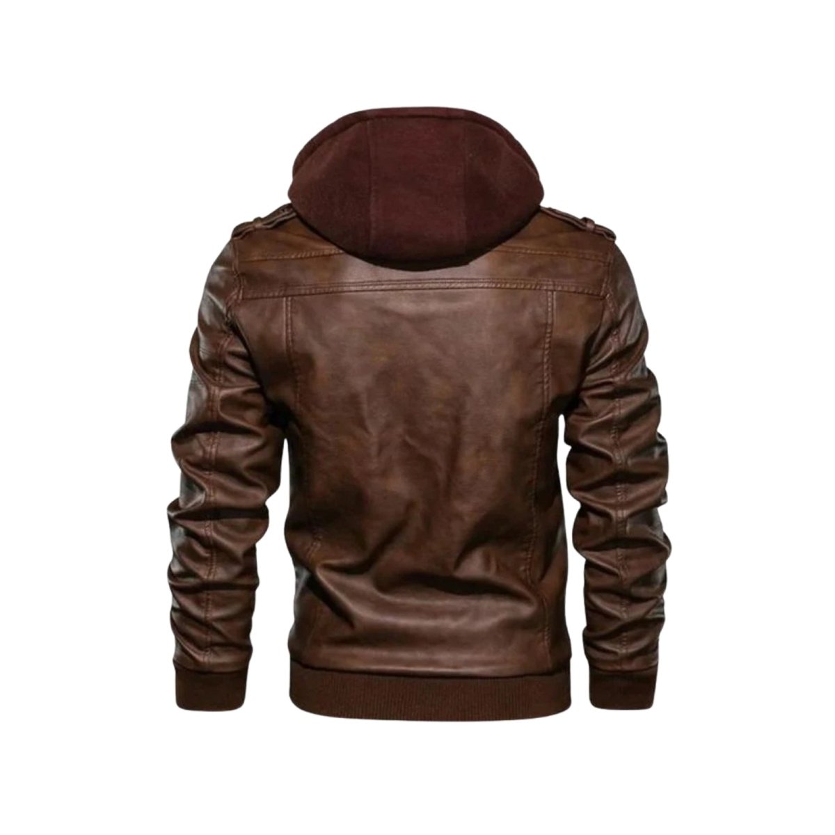 Rear product shot of the men's brown hooded faux leather bomber jacket from Kouvr Fashion, showing back panel details.