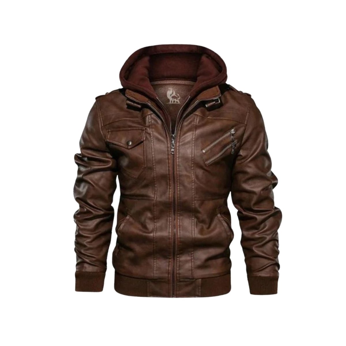 Product-only studio image of the Kouvr Fashion men's brown hooded faux leather jacket on a white background.