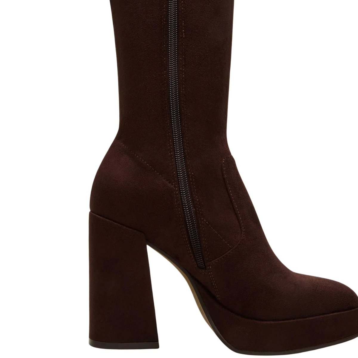 Brown Kouvr knee-high boot with a block heel on a white background