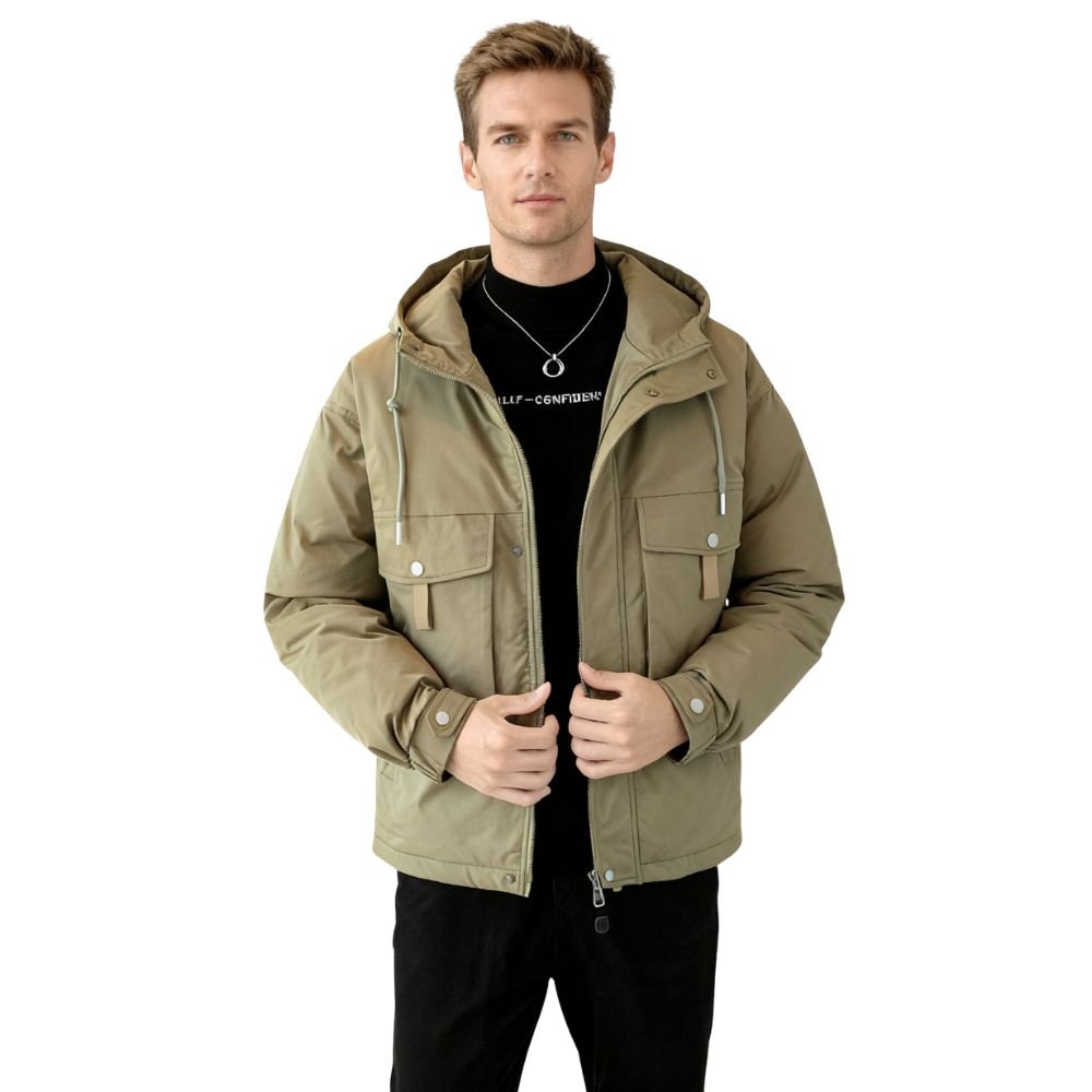 Man wearing the Kouvr Fashion Urbanite Technical Parka in Green over a black turtleneck